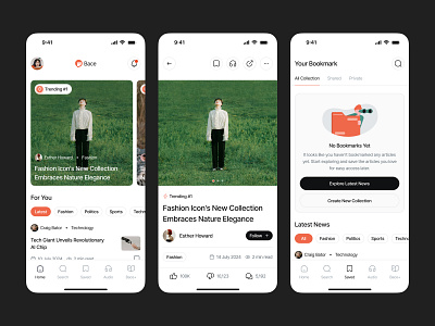 Bace - News App app article blog app collection copywriting design ebook feed forum light mode medium mobile news news app news feed trending ui ui design uiux writer