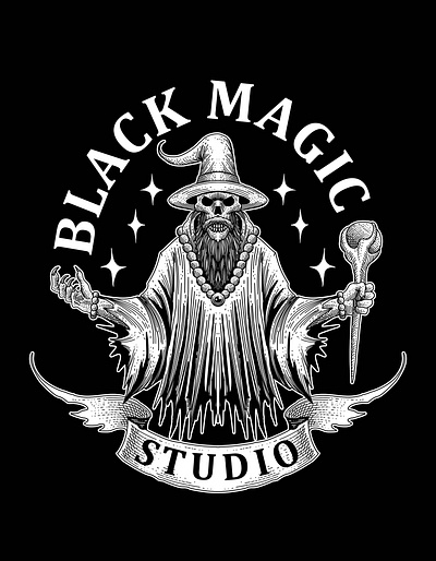 Black Magic Skull apparel design clothing design design engraving art hand drawn illustration line art logo magic merchandise design retro skeleton skull t shirt design tony midi vintage wizzard