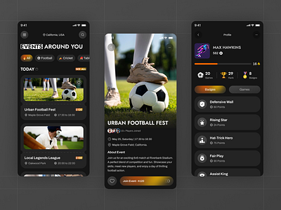 Sports Event Booking App app app ui athlete branding dark theme event event booking gradient logo logo design mobile app mobile design player sports tournament ui uiux ux