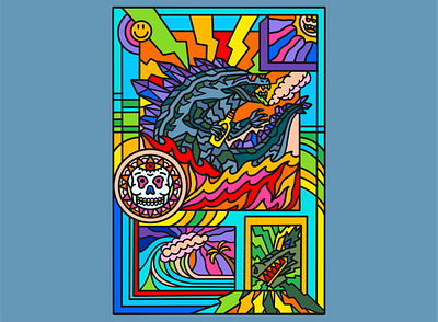 GODZILLA album animal beach branding colorful death design dragon fire godzilla graphic design illustration merch mushroom skull sun ui wave wild