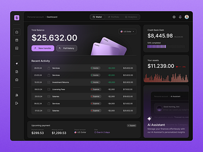 Comprehensive Financial Dashboard with AI ai aiassistant analytics b2b banking crm dashboard digitalbanking finance financeapp financialtech fintech platform product design saas ui ux web