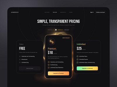 Plans and Pricing Page app clean dark design interface payment payment options plans premium prices pricing pricing card select plan time management ui ux visuals web website