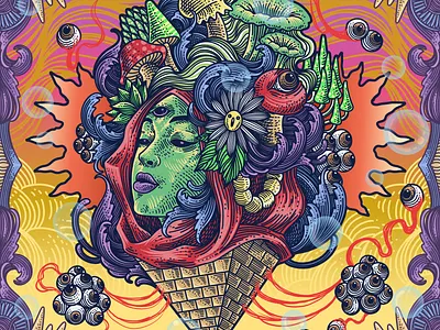 Cambulo Girl apparel design clothing design decorative engraving eye balls eyes face fungi girl hand drawn line art mandala artwork merchandise design ornament pop art pop color psychedelic surrealism tony midi woman