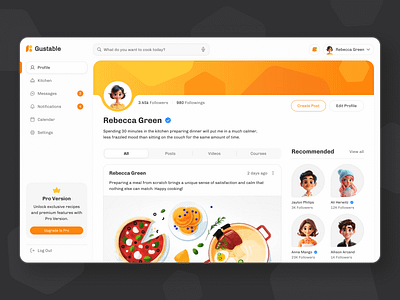 Culinary Platform: User Profile clean cook cooking dashboard diet food and drink food app food ui foodie ingredients kitchen orange recipe restaurant dashboard sidebar user user profile web