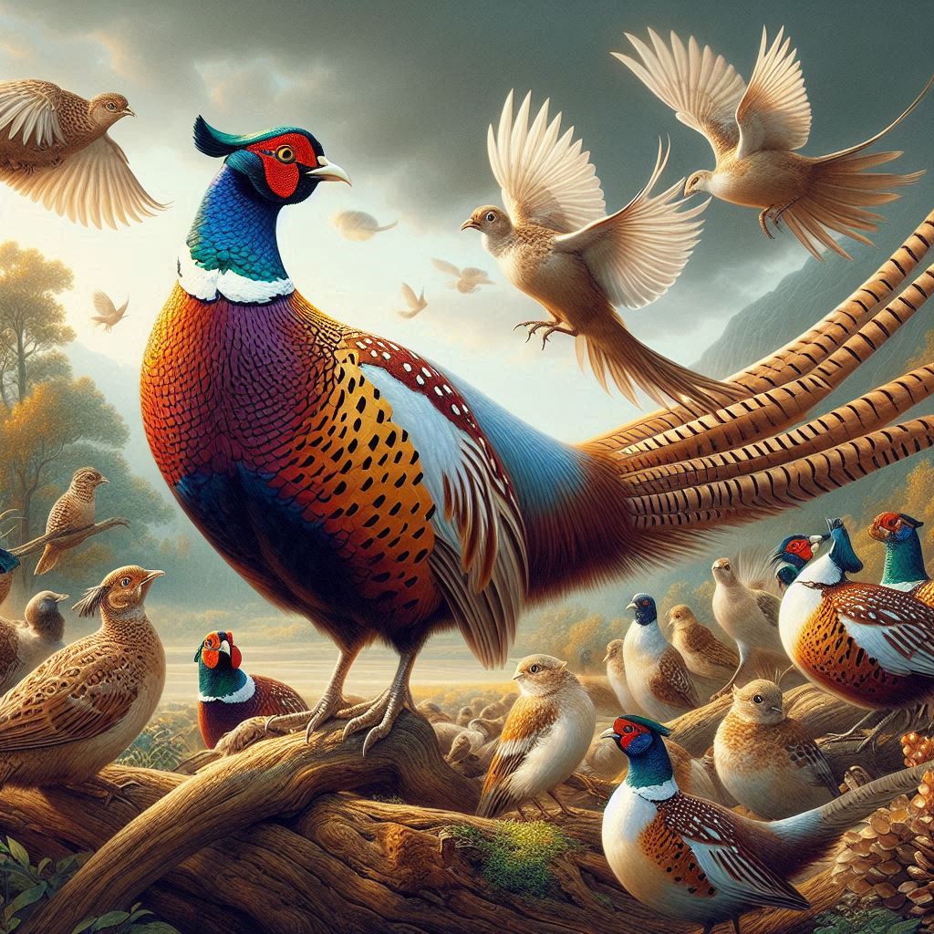 Ring-necked pheasant interacting with other animals or birds 3d art digital art ring necked pheasnat