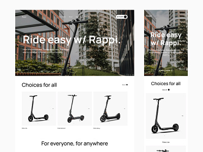 Rappi 🛴 | Scooter Landing Page [Freebie] bike landing page framer template free freebie giveway homepage landing page mobiel responsive one page scooter landing page ui ux web template webflow template wix template