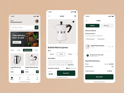 Coffee Shop & Equipment App app cart coffee design e commerce mobile order receipt shop ui ux