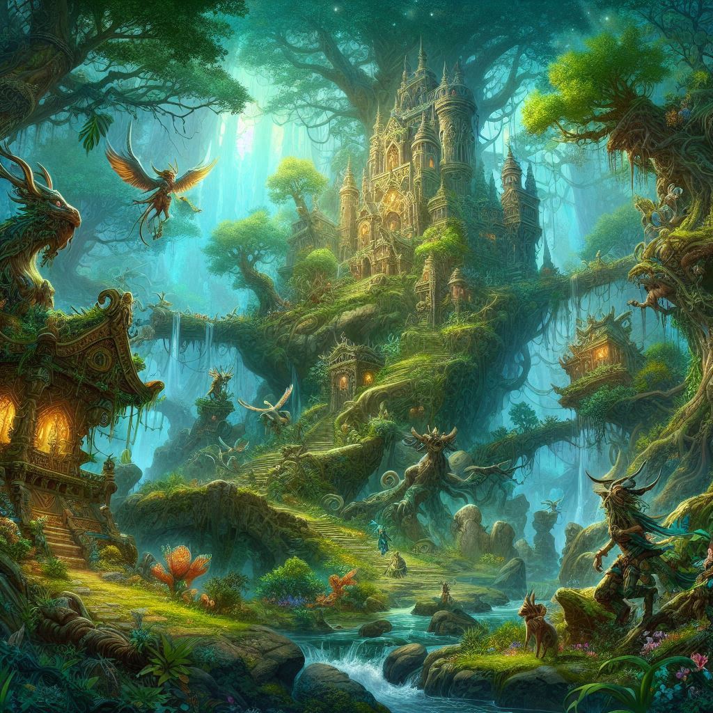 A mystical forest filled with enchanted creatures & ancient ruin creatures digital art