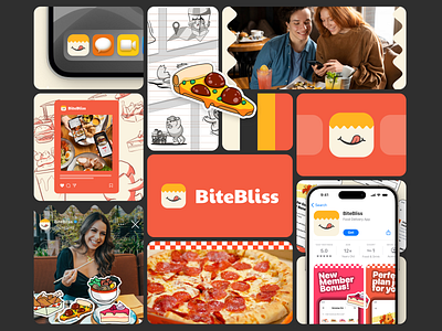 BiteBliss - Visual Identity Design app design bento design bento grid brand identity branding clean delivery app design food food app graphic design illustration logo orange rounded ui ux vektora visual identity