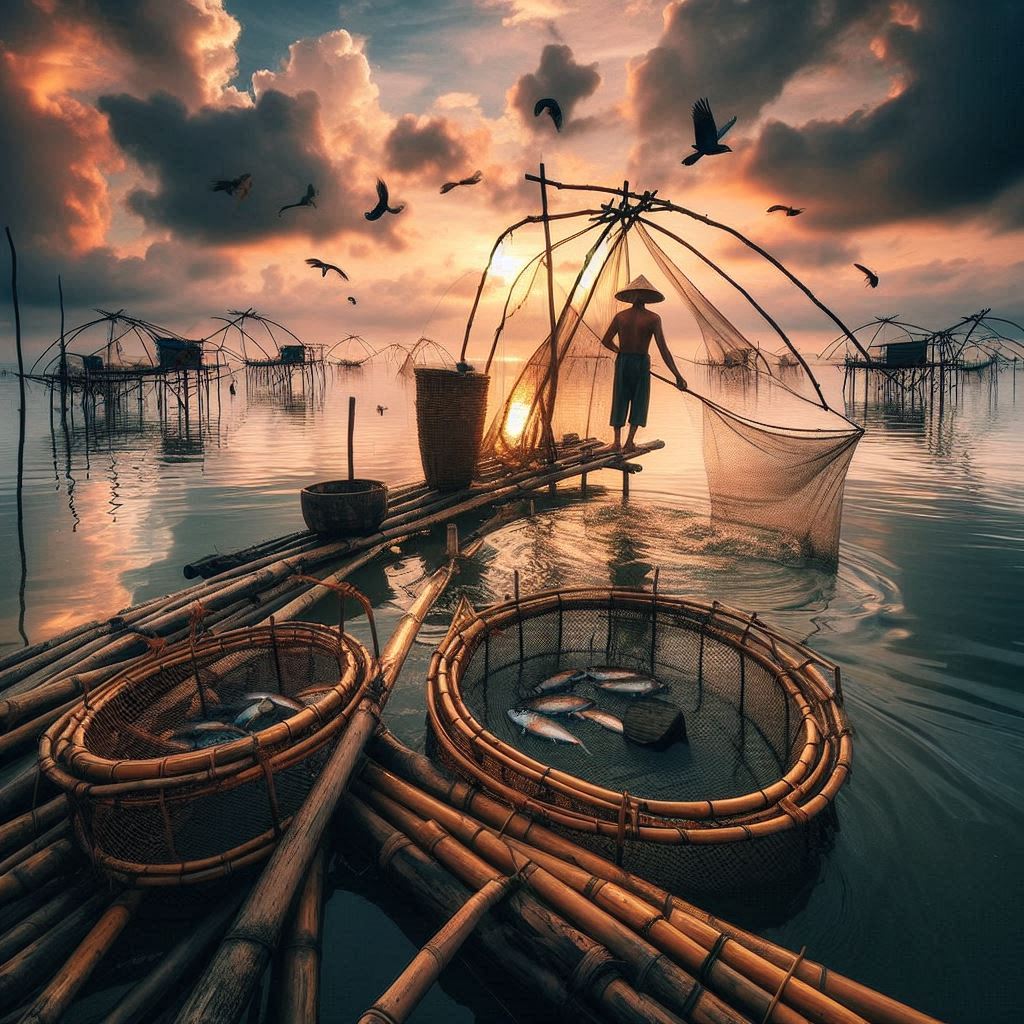 Traditional fishing methods using bamboo traps or spearfishing digital art fisherman fishing