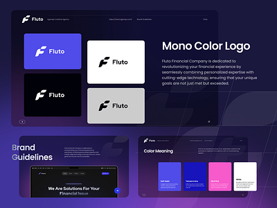 Fluto - Brand Guidelines (Mono Color Logo and Color Meaning) brand guidelines branding clean color logo color meaning dark deck finance fintech logo logo design mono color presentation presentation design purple