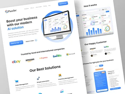 Landing Page UI Design - Puzzler AI SaaS ai automation ai dashboard ai solution clean home page landing landing page landing page design landing page ui minimal modern landing page order management product design product landing page saas saas landing page saas website ui web design website design