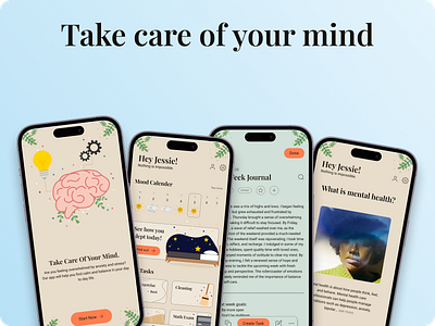Mental Health App app article graphic design illustration ios login mental mental health minimalistic mobile mobile app modern modern app mood relaxing selfcare sleeping therapy ui