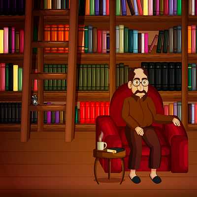 The Old man and the Mouse 2d 2d artist adobe illustrator book shelf cartoon cartoon style character character illustration comic comic strip design digital art digital illustration illustration library