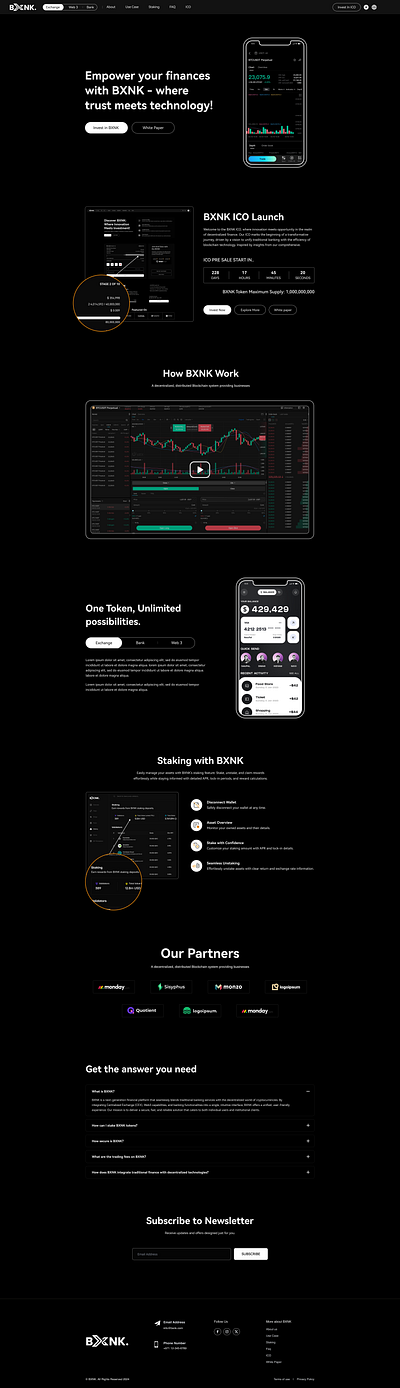 BXNK ICO Exchange Landing Page illustration logo typography ui ux vector website design