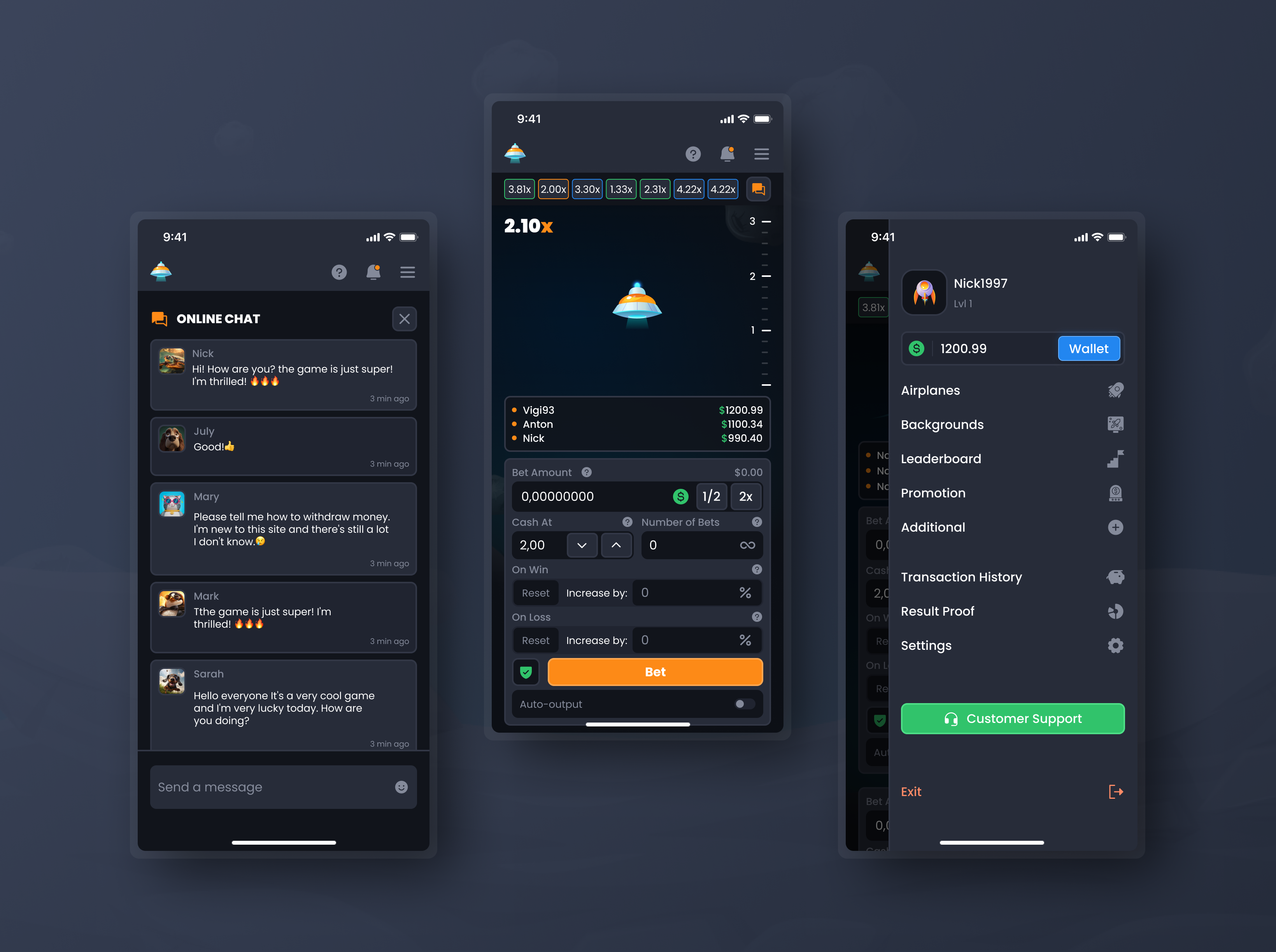Rocket Crash (mobile) bet betting crash crash game mobile mobile app online casino product design ui uiux