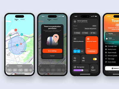 Tower Tracker 3g 4g 5g appdesign colorful dark internet internet speed maps mobile mobileapp mobilenetworks osapp signal signalstrength speed test telecom towers towertracker uxui