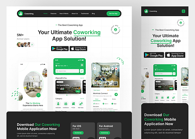 Coworking Space App Landing Page UIUX Design | Figma app app design app landing page coworking space app landing page design designer designs figma landing page responsive website ui uiux design usa user interface ux web design web designs web ui website website ui design