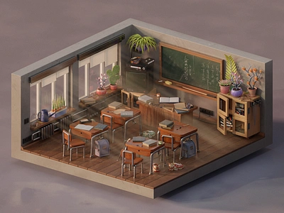 Classroom 3d b3d blender blender3d classroom design illustration isometric japan