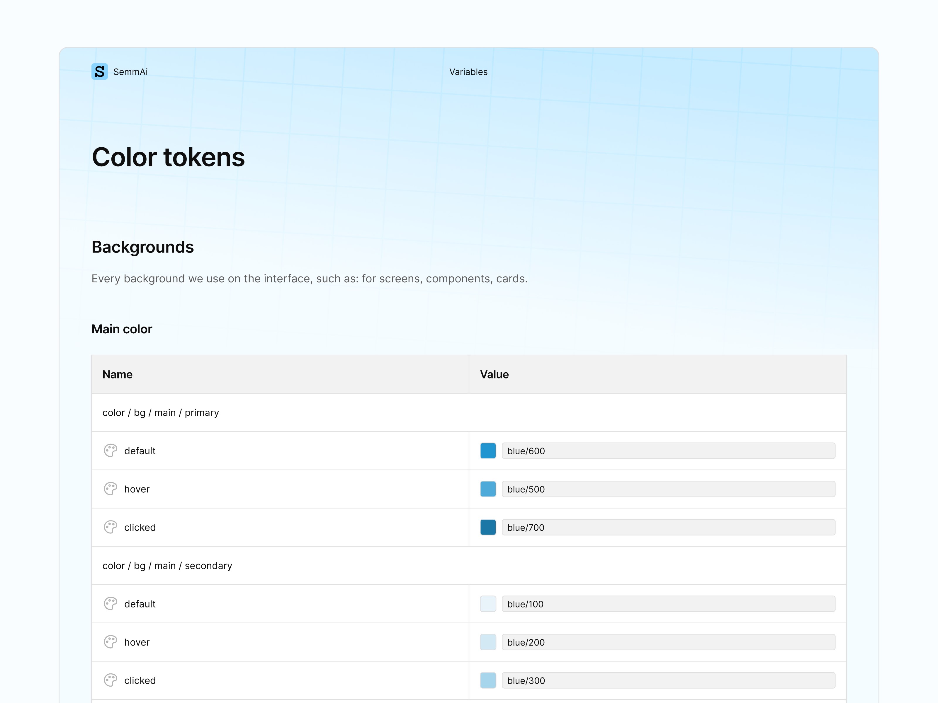 Example of Semantic color tokens documentation