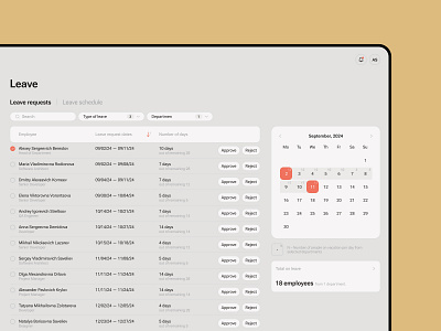 Calendar with legend and leave requests table admin adminpanel b2b calendar checkbox dates filters leave leave requests legend product design selected sorting table ui ui state web design