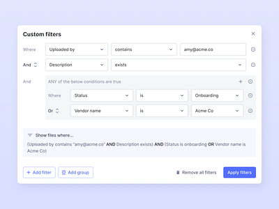 Conditional filters add and blue component condition custom design filter flat graphic design group input minimal modal nest new or product design ui ux