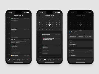 Schedule App app calendar dark mobile mode night planning schedule ui