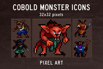 Cobold Monster Icons 32×32 Pixel Art 2d 32x32 art asset assets fantasy game assets gamedev icon icons indie indie game monster monsters pack pixel pixelart pixelated rpg set