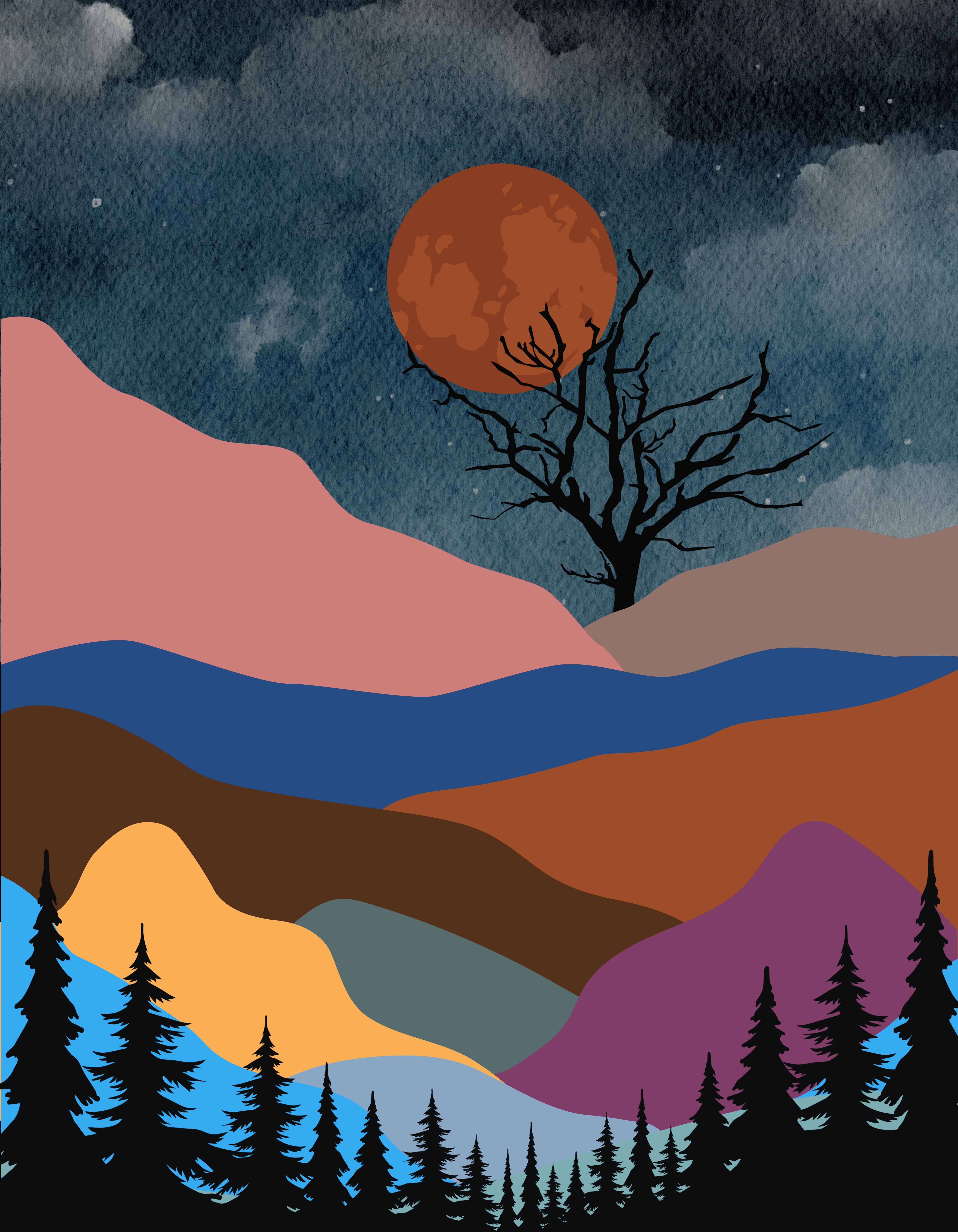 Boho Mountain Scary Night. Wall Poster For Sell. bohemian colorful full moon graphic design illustrator moon mountain scary night shadows wall art wall design wall poster