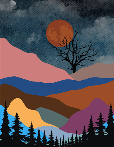 Boho Mountain Scary Night. Wall Poster For Sell. bohemian colorful full moon graphic design illustrator moon mountain scary night shadows wall art wall design wall poster
