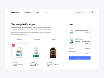 Supplement Ecommerce Store Product Categories & Summary add to cart app ashwagandha basket blue cart category ecommerce gray health shop store supplement supplements support ui ux vitamins website white