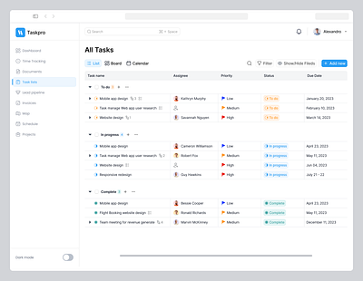 Task page - list view app application chat crm dashboard design illustration saas task task management ui ux ux design web app