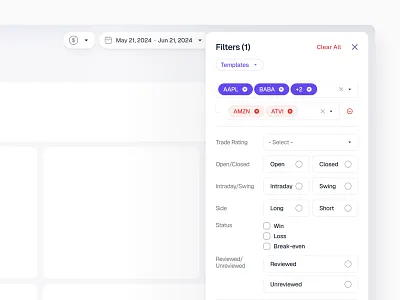 Filters - Trading Web App admin ai dashboard enterprise filters finance fintech journal minimal money product design saas settings software trades trading ui ux web app