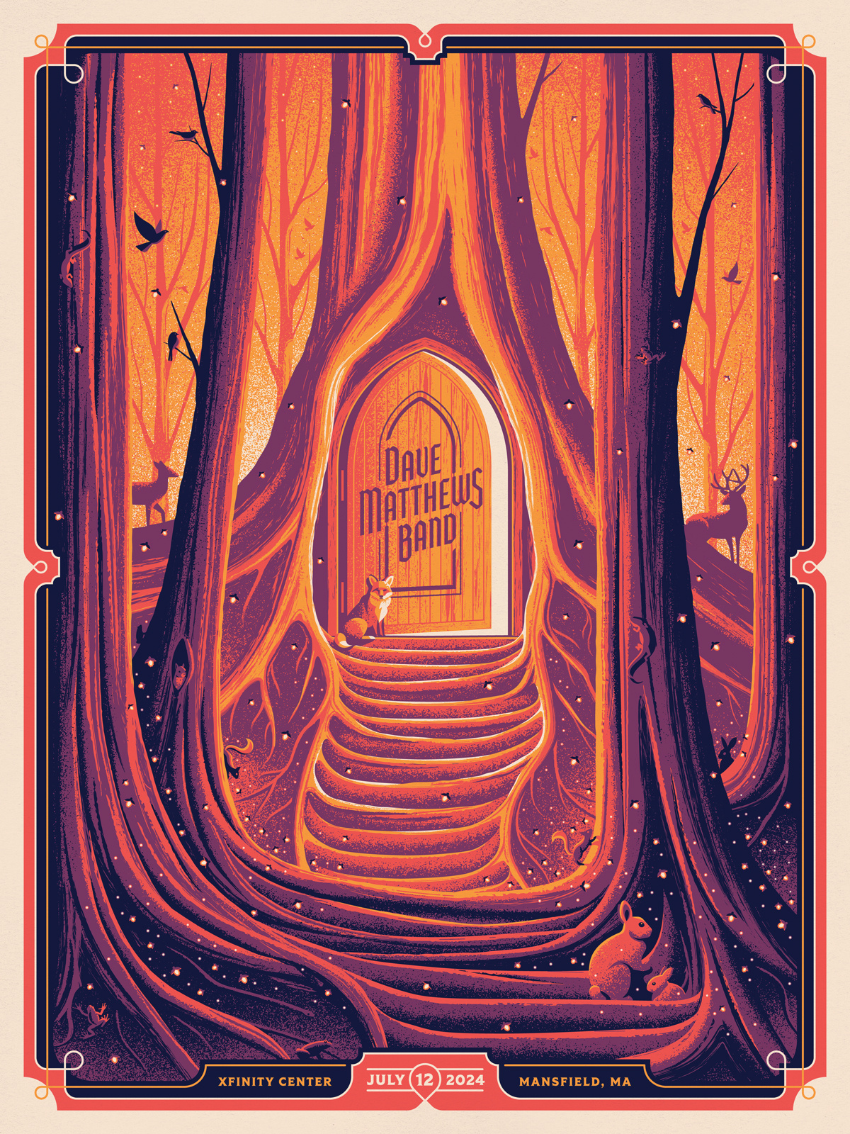 Dave Matthews Band Mansfield, MA Poster bird dan kuhlken dave matthews band deer design dkng dkng studios fireflies forest fox illustration lizard nathan goldman poster rabbit tree vector