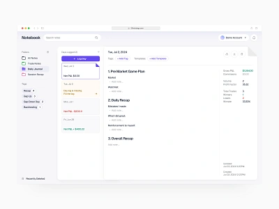 Trade Journal admin ai dashboard enterprise fintech journal minimal note product design saas software stocks trade trading ui ux ux designer web app web application writing