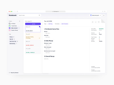 Trade Journal admin ai dashboard enterprise fintech journal minimal note product design saas software stocks trade trading ui ux ux designer web app web application writing