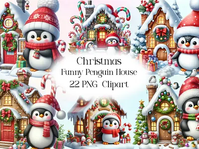 Christmas Funny Penguin House Clipart baby