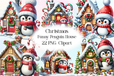 Christmas Funny Penguin House Clipart baby