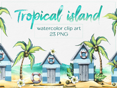 Tropical island beach watercolor clip art nautical