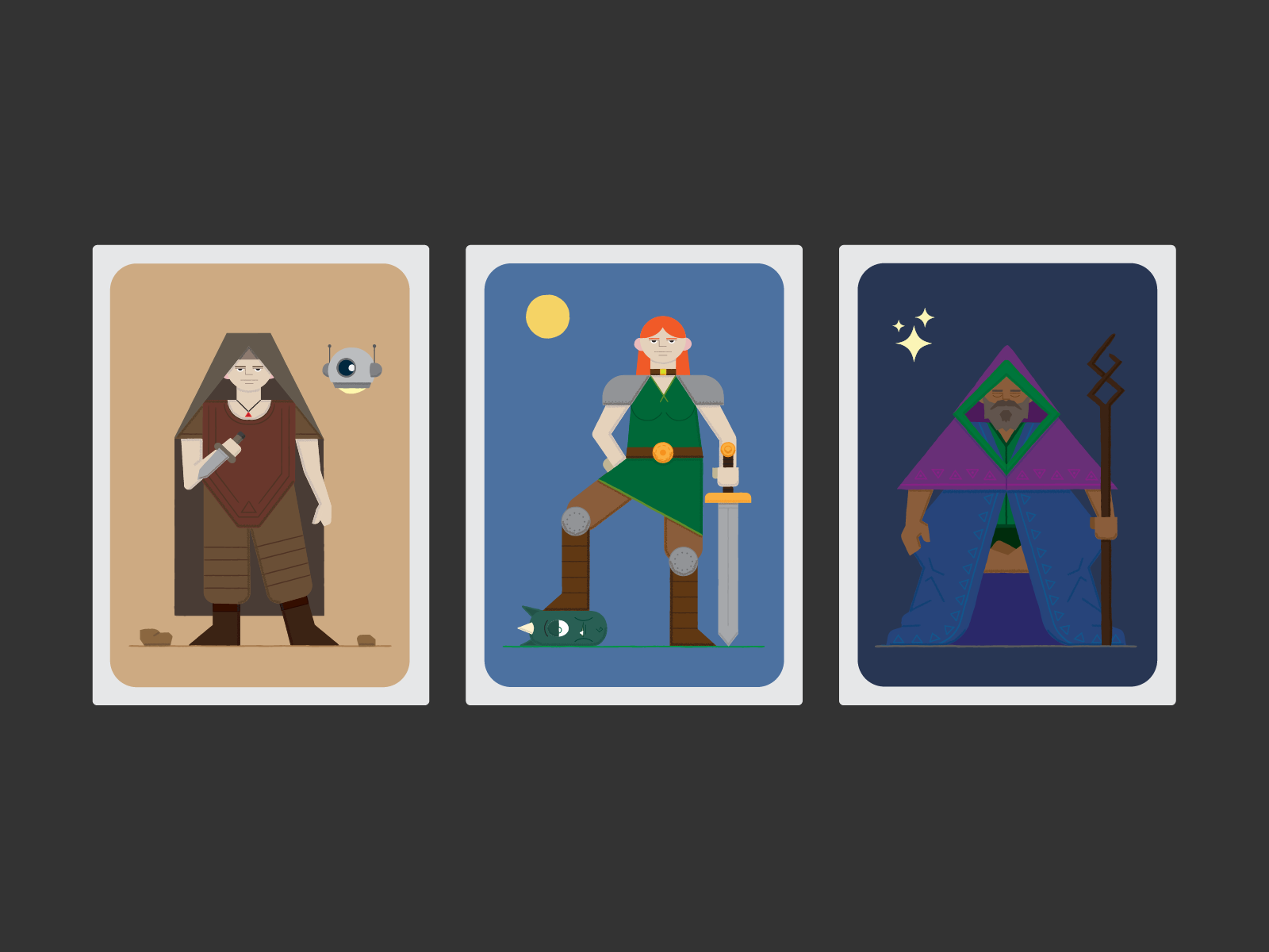70s Style Cards 2d adobe illustrator cartoon design fantasy graphic design illustration mage meditation poster retro rouge stars texture vector warrior wizard