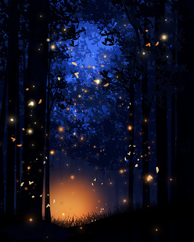 The nighttime magic forest graphic design illustration