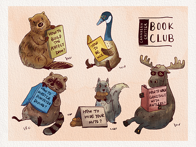 Animal Postcard Design: Canadian Animals Reading Series animal illustrations animal postcard design beaver canadian animals illustration canadian critter book club cute animal postcards funny animal illustrations goose moose raccoon squirrel