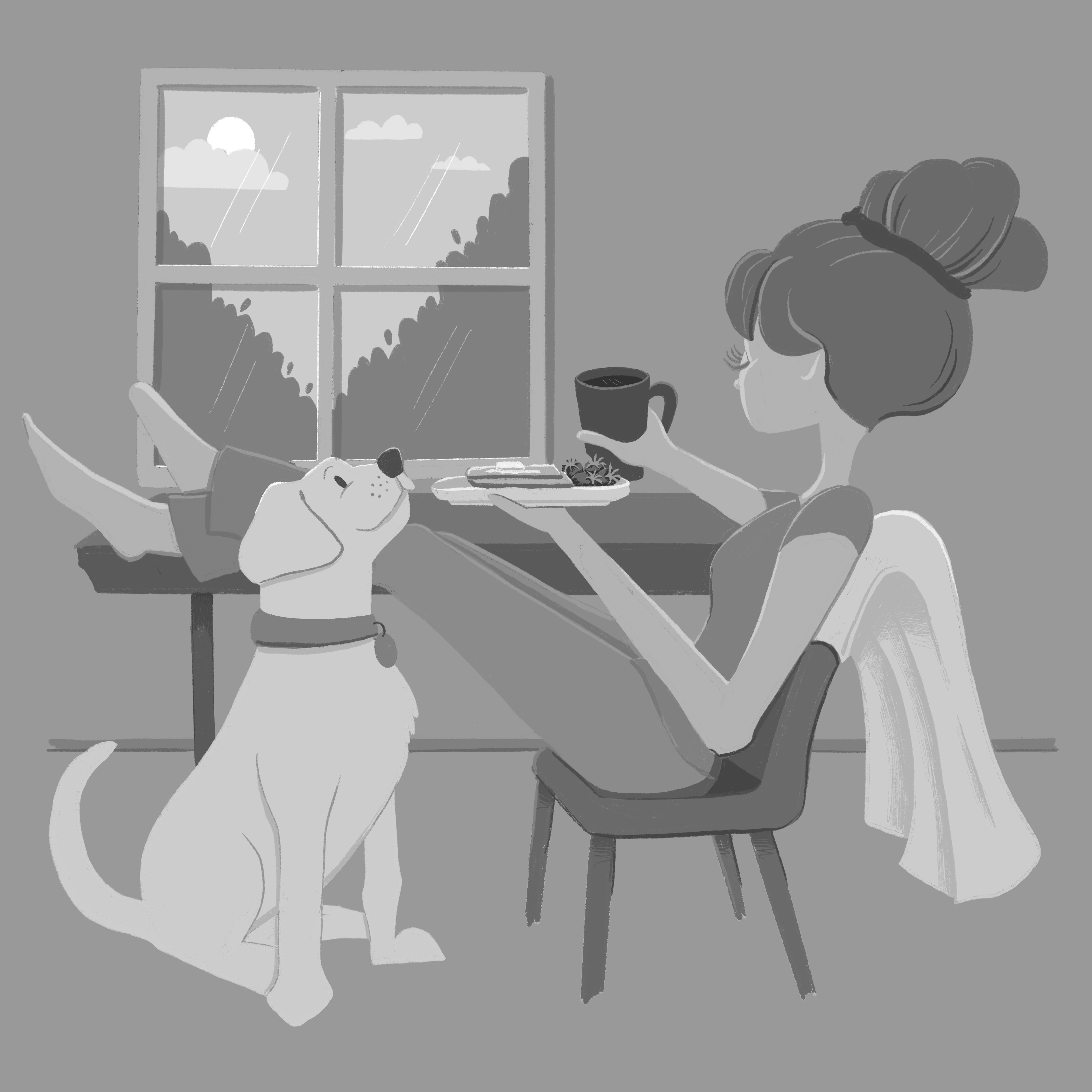 Breakfast pals breakfast brunch coffee cozy cute animal dog female homey lady messy bun morning pajamas pet puppy relax relaxing slow toast window woman