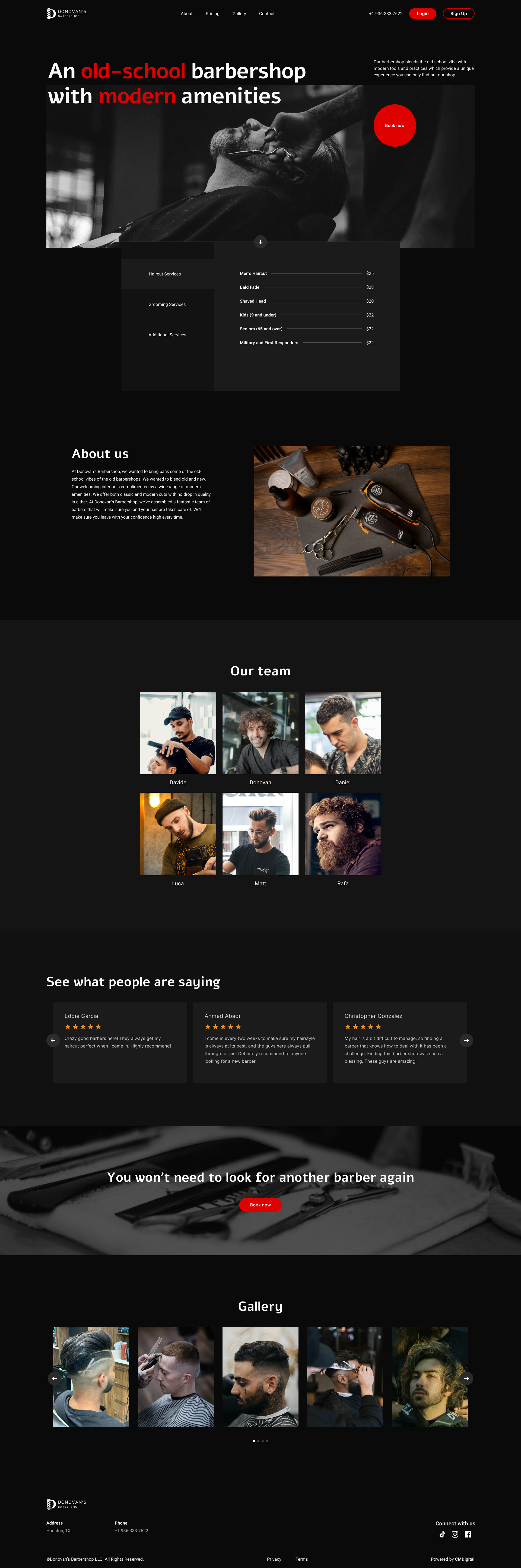 Modern Barbershop Website barber barbershop branding dark dark mode hair salon haircare hairdresser hairstyle landing page service stylist ui ui design uiux ux ux design web design webdesign website