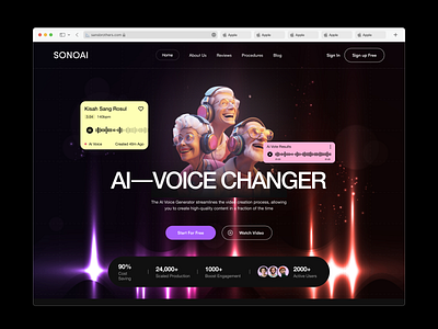 AI Voice Changer ai changer creation dark elementor framer landing mode page platform saas software sound style tool ui voice webflow website wordpress