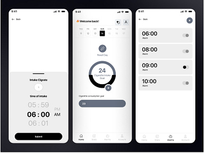 High-fidelity Wireframe cigarette intake control app wireframes