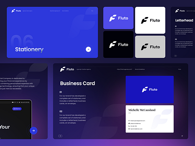 Fluto - Brand Guidelines - Stationery agensip brand guideline brand identity branding company dark design design guideline finance fintech guideline illustration logo logo design pitch deck style guide