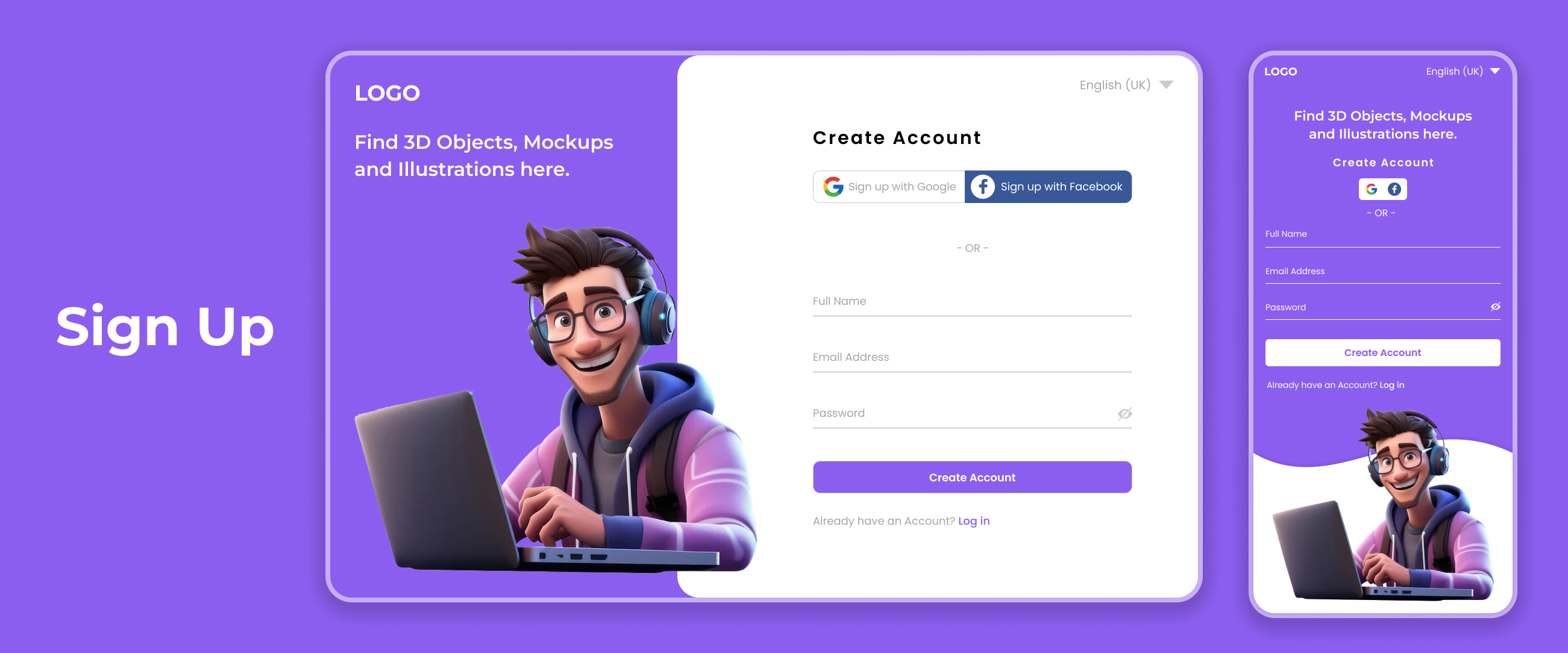 Sign up page for Web and Mobile devices graphic design illutration ui