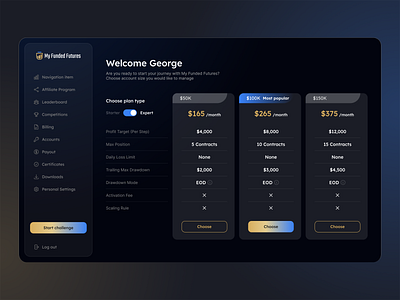 UI Dashboard blue business button card dark dashboard design futures gradient interaction interface navigation plan prop firm purchase tariff trading ui us ux