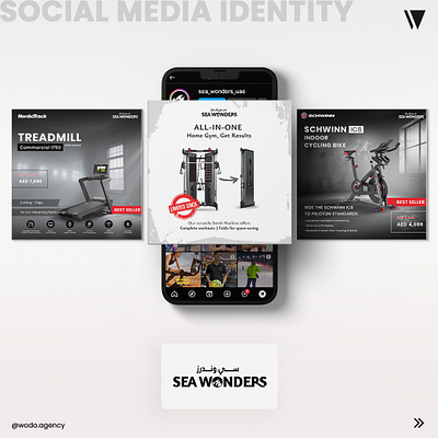 Sea Wonders, the ultimate destination for premium gym equipment. branding graphic desig product design